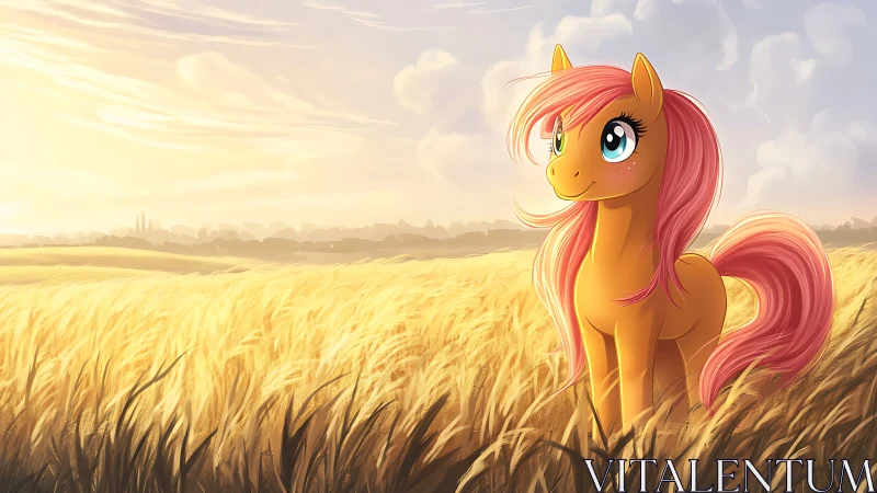 Digital painting of stylized pony in luminous wheat field.