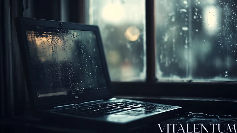 Rain-soaked laptop by moody window at dusk glow.