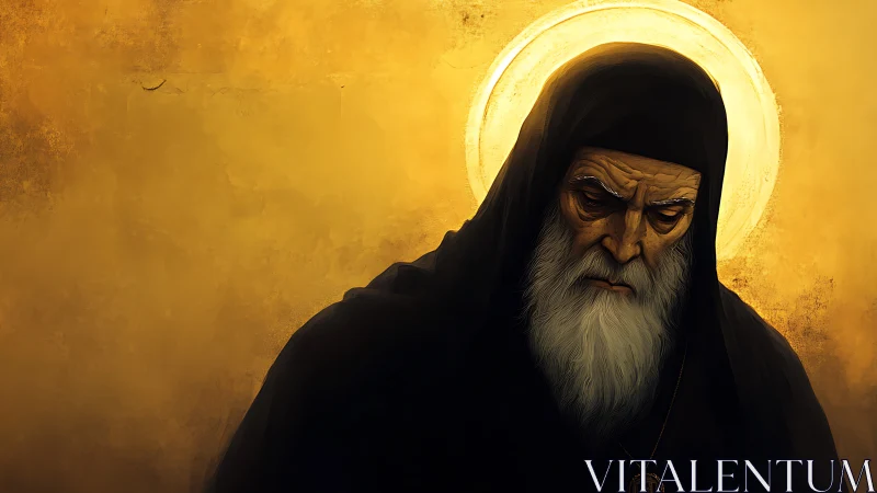 Elderly robed figure with halo on textured golden background.