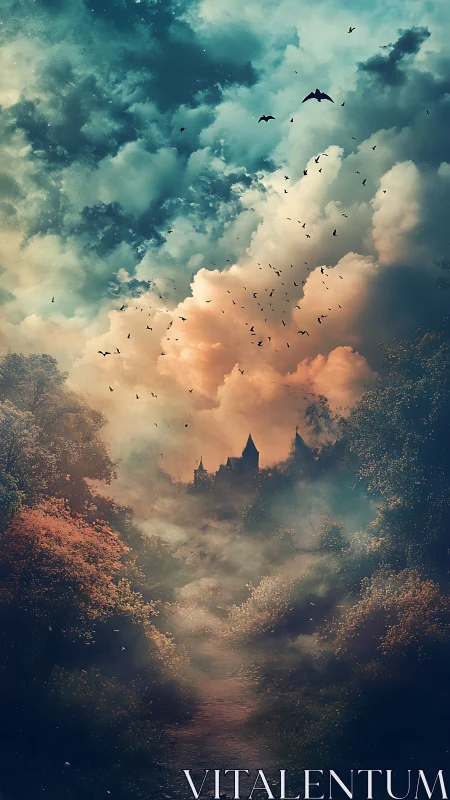 Moody forest path leading toward distant misty castle.