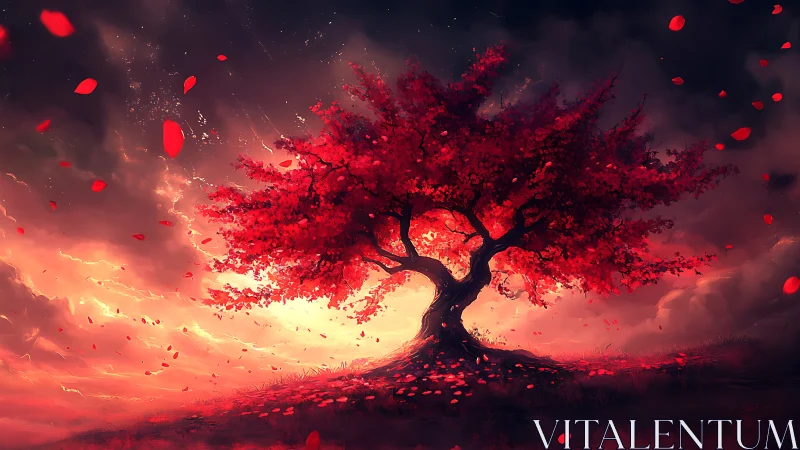 Wind-swept red tree silhouettes against high-contrast storm sky