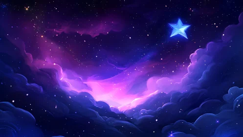 Luminous blue star drifts above glowing dreamlike nebula sky