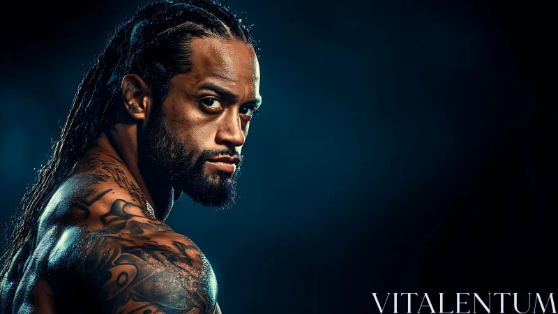 Tattooed man with dreadlocks stares over shoulder in studio