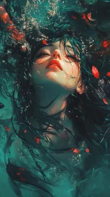 Dreamy underwater girl drifting in teal light and petals.