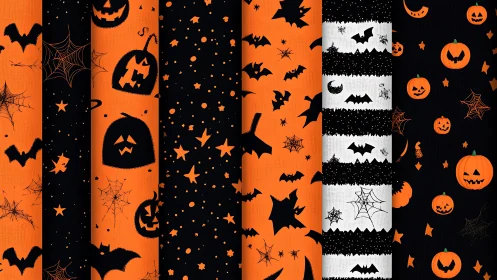 Flat graphic Halloween repeat patterns in vertical strip layout.