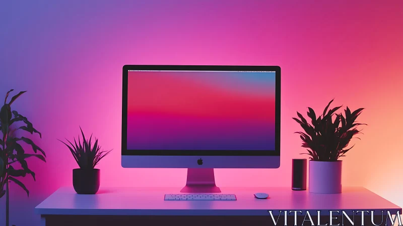 Desktop computer monitor is centered between two potted plants