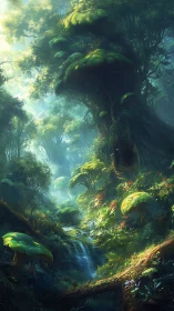 Luminous Forest Grove with Cascading Waterfall.