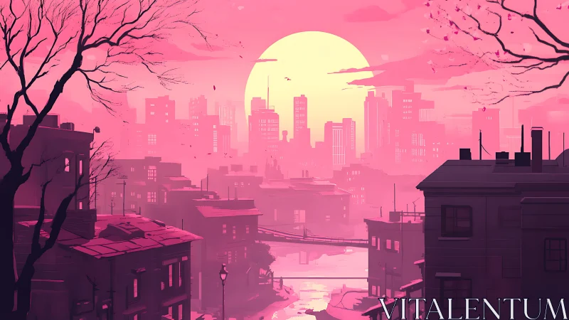 Pink urban sunset over river and silhouetted city skyline.