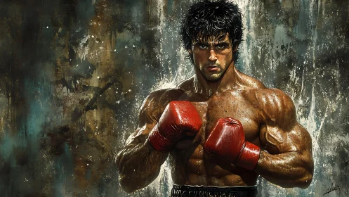 Athletic Male Boxer Portrait with Red Boxing Gloves Against Distressed Textured Backdrop