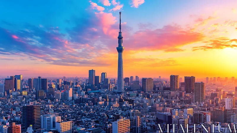 Sunset skyline with central communications tower over dense city