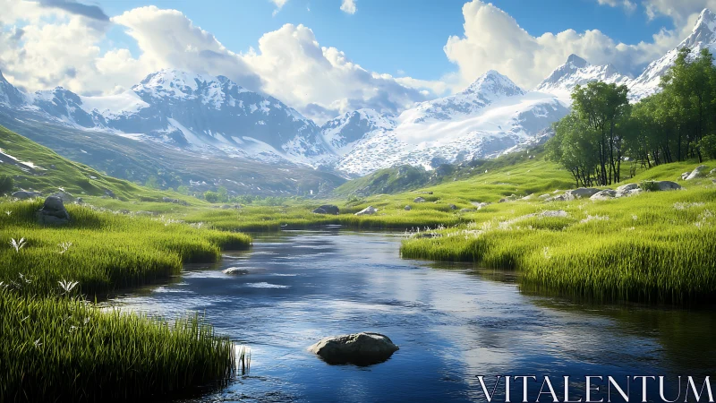 Mountain valley river extends through grassy terrain below peaks