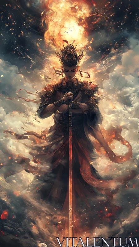 Flame crowned guardian ascends with a burning celestial blade.