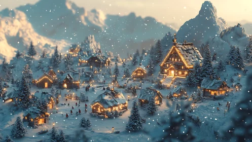 Snow-dusted mountain village aglow with storybook warmth.