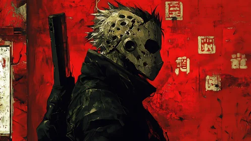 Masked gunman in gritty red urban dystopian backdrop.