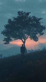 Silhouetted figure beneath solitary tree at muted sunset.