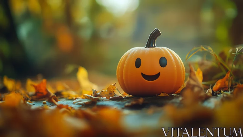 Cheerful smiling pumpkin brightens a golden autumn path