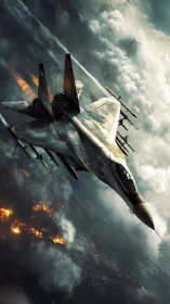 Soaring fighter jet cutting through stormy battlefield skies.