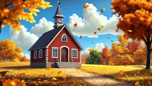 Crimson chapel cottage basking under swirling autumn sky.