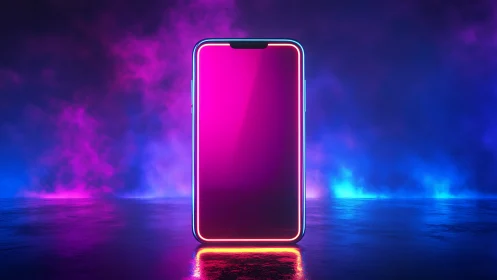 Neon-framed smartphone stands in vapor-lit cyber gradient space