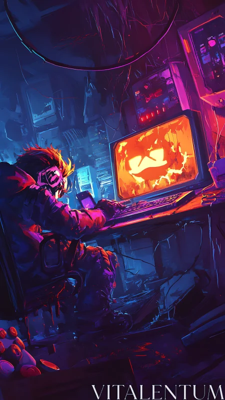 Neon-soaked hacker communes with a grinning digital specter