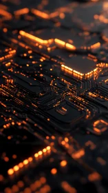 Circuit board closeup with glowing orange data paths.