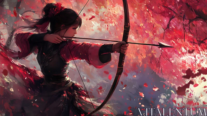 Female archer drawing bow amid dynamic crimson foliage storm
