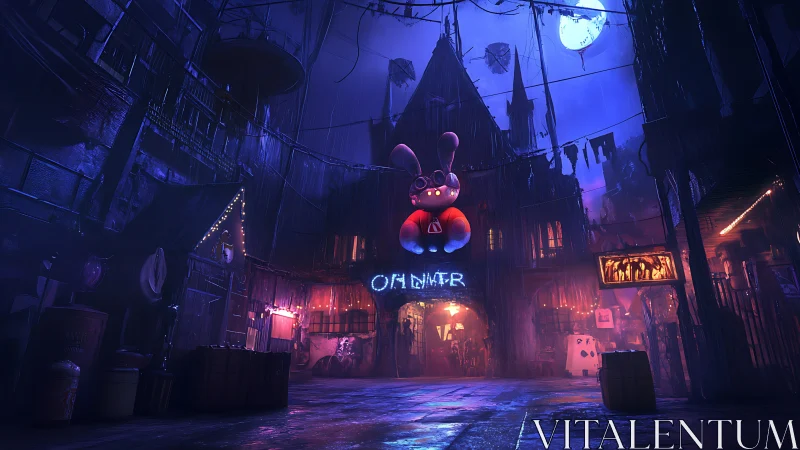 Neon bunny carnival square glowing under a haunted moon.