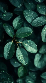 Water droplets sit on dark green oval leaves after rainfall.