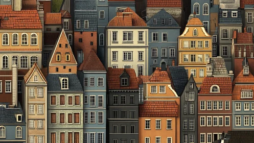 Historic townhouse façade grid with warm tiled roofs rendered.