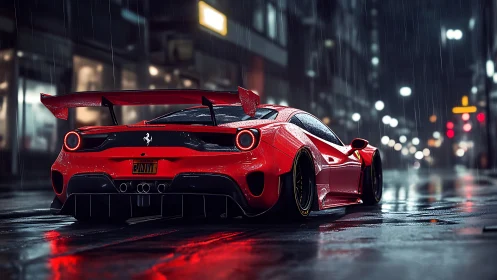 Red sports car on wet city street at night in rain.