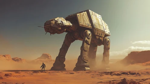 Colossal desert walker stalks a lone explorer in rusted light