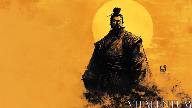 Samurai silhouette before large sun on textured gold field.