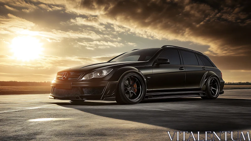 Matte black Mercedes wagon lowered on wide wheels at sunset