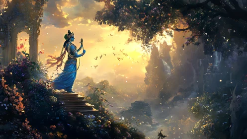 Divine blue musician on temple steps in radiant mythic valley.