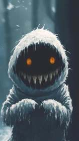 Snow-covered creature with glowing eyes in dark forest.
