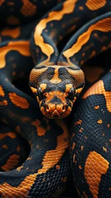 Macro study of coiled snake with high-contrast orange-black scalation