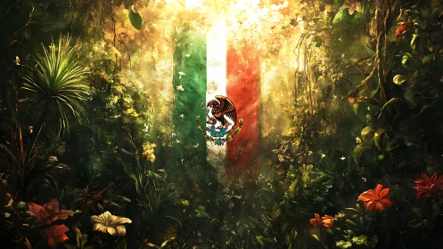 Mexican national flag motif integrated into dense jungle scene.