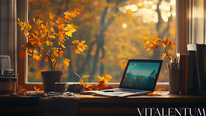 Autumn-lit window desk with laptop, foliage, and study tools