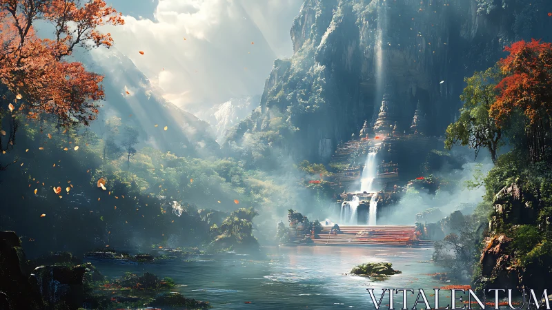 Mountain temple landscape with waterfalls and autumn foliage.