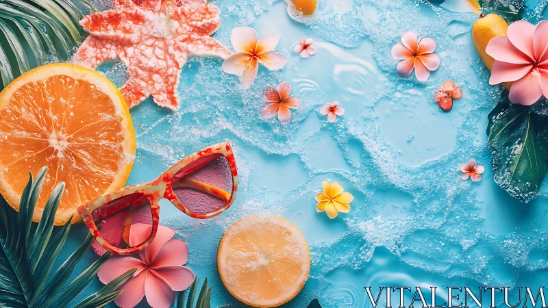 Vibrant citrus flatlay with florals on turquoise water surface.