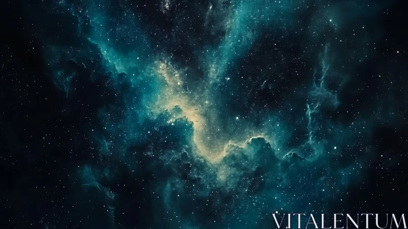 Stellar nebula clouds with teal dust and dense starfield.