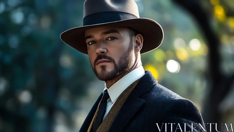 Stylish gentleman in wide-brim hat gazes confidently outdoors.