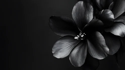 Monochrome flower bloom with layered petals against dark background.