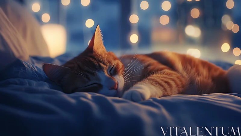 Ginger Cat Rests Among Glowing City Lights.