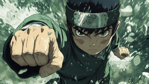 Fierce young ninja surges forward with a determined punch