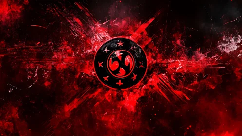 Abstract red sigil emblem emerges from splattered radial bursts