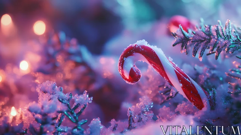 Candy cane nestled in glowing frosted Christmas branches.