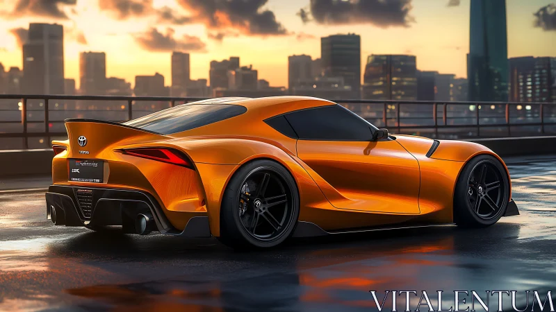 Orange Toyota sports coupe on rooftop at city sunset.