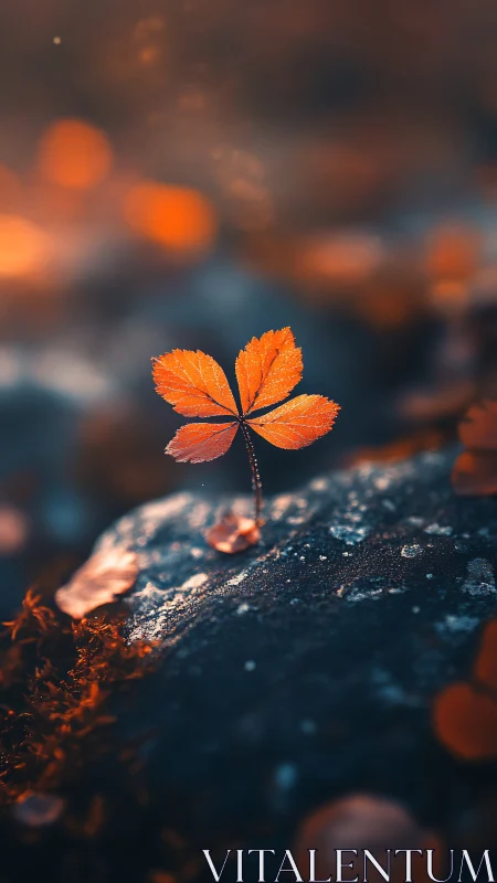 Solitary orange leaf rises from dark stone in shallow focus