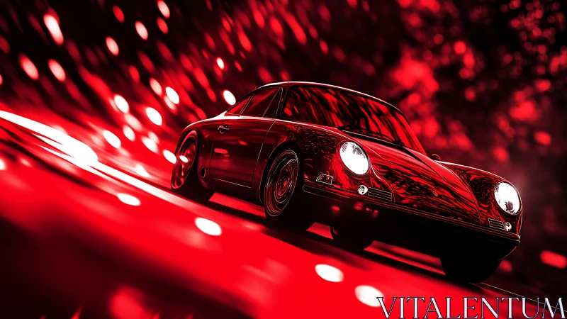 Classic sports car surges through a neon red motion tunnel